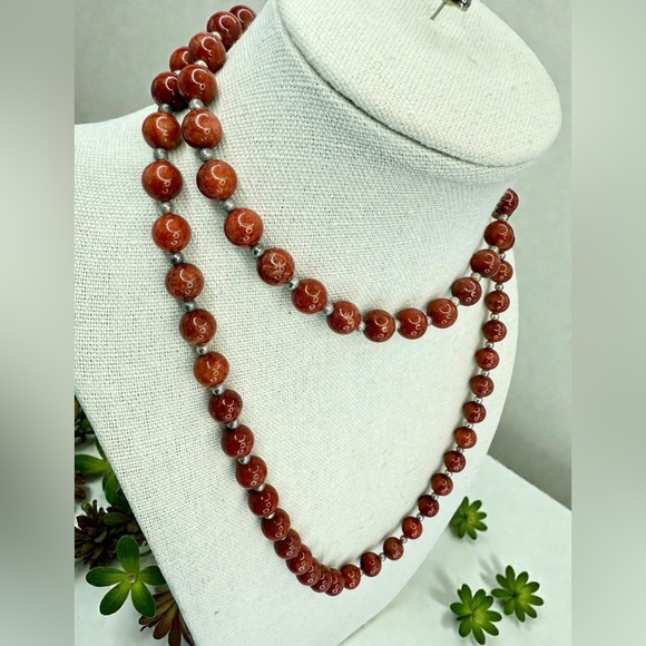 Jewelry - Sterling Silver Red Jasper Beaded Necklace – 30” Natural Gemstone Strand